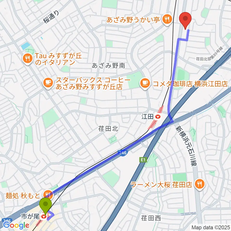 市が尾駅からアートフォーラムあざみ野へのルートマップ地図