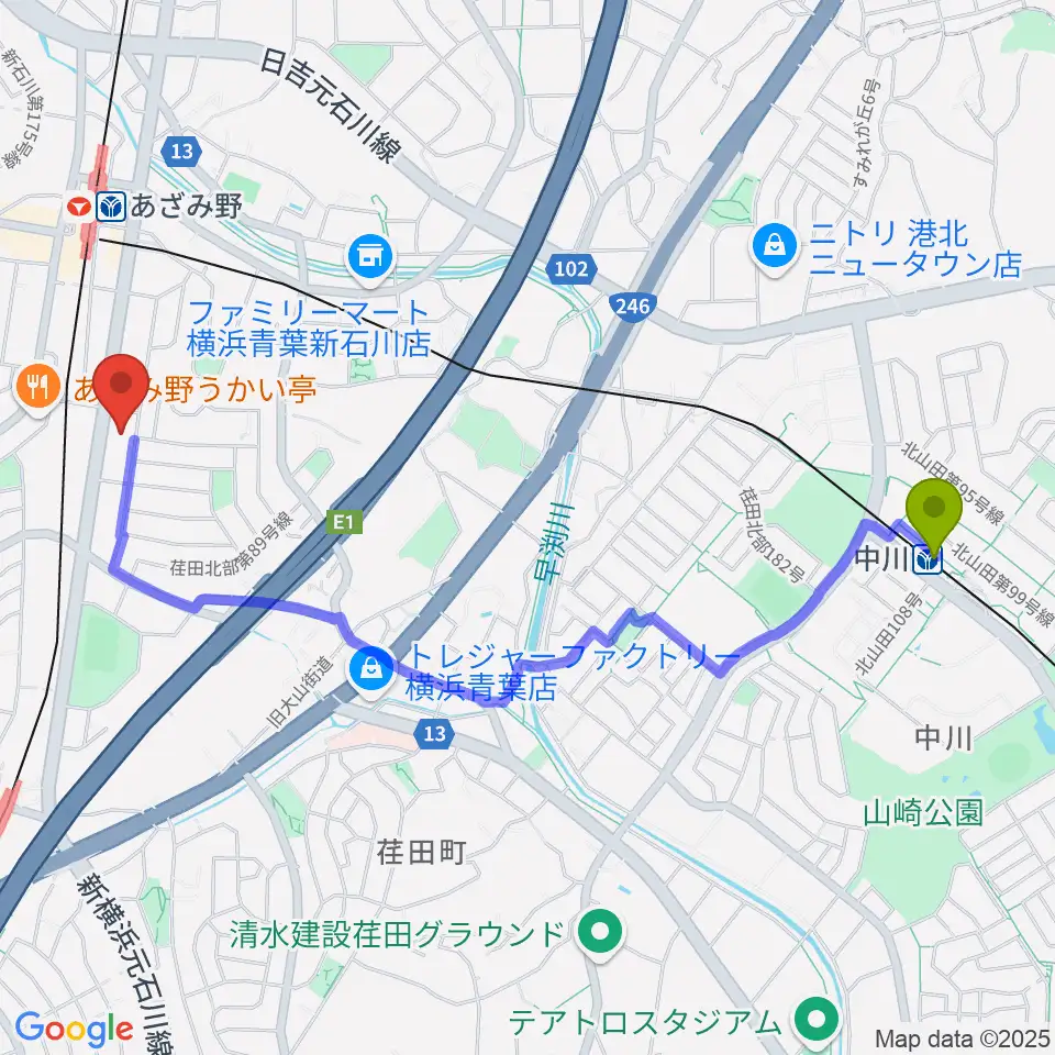 中川駅からアートフォーラムあざみ野へのルートマップ地図