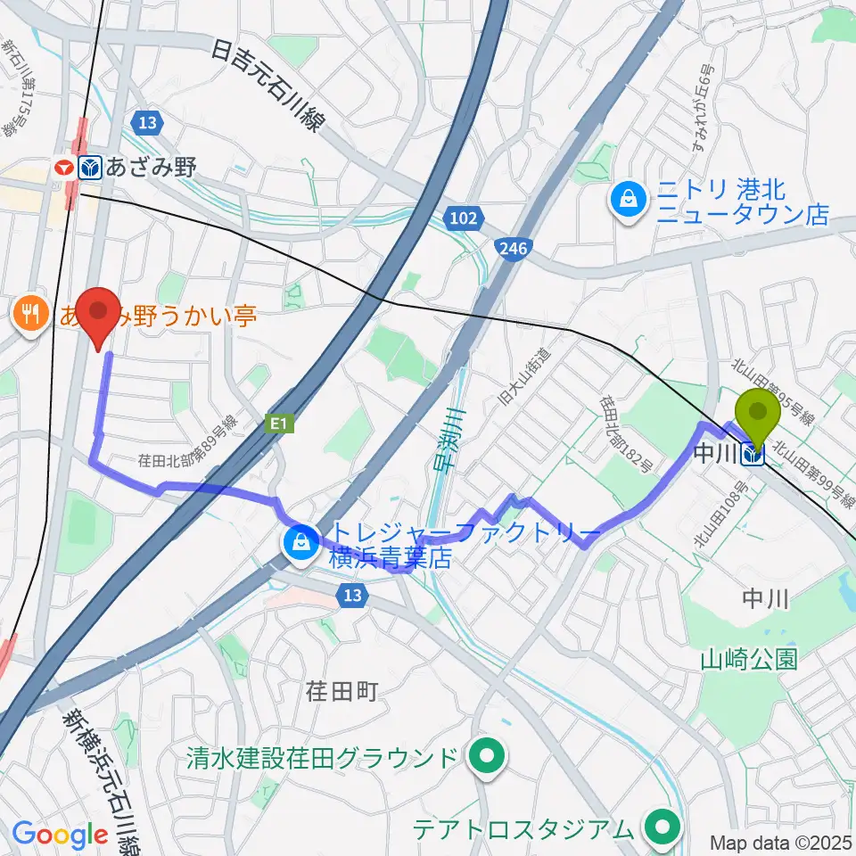 中川駅からアートフォーラムあざみ野へのルートマップ地図