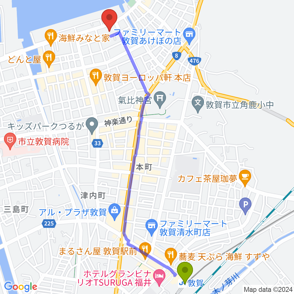 敦賀市民文化センターの最寄駅敦賀駅からの徒歩ルート（約28分）地図
