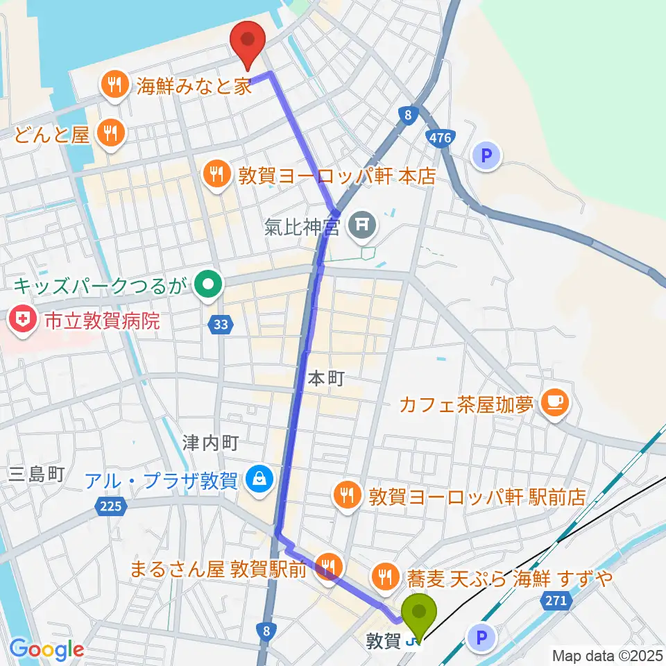 敦賀市民文化センターの最寄駅敦賀駅からの徒歩ルート（約28分）地図