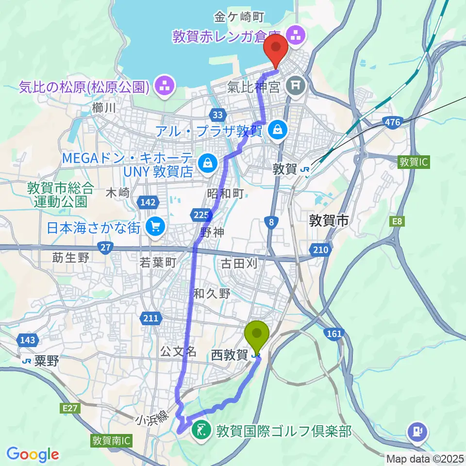 西敦賀駅から敦賀市民文化センターへのルートマップ地図