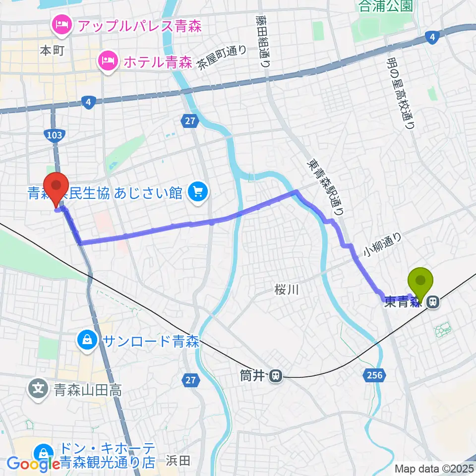 東青森駅から青森県民福祉プラザへのルートマップ地図