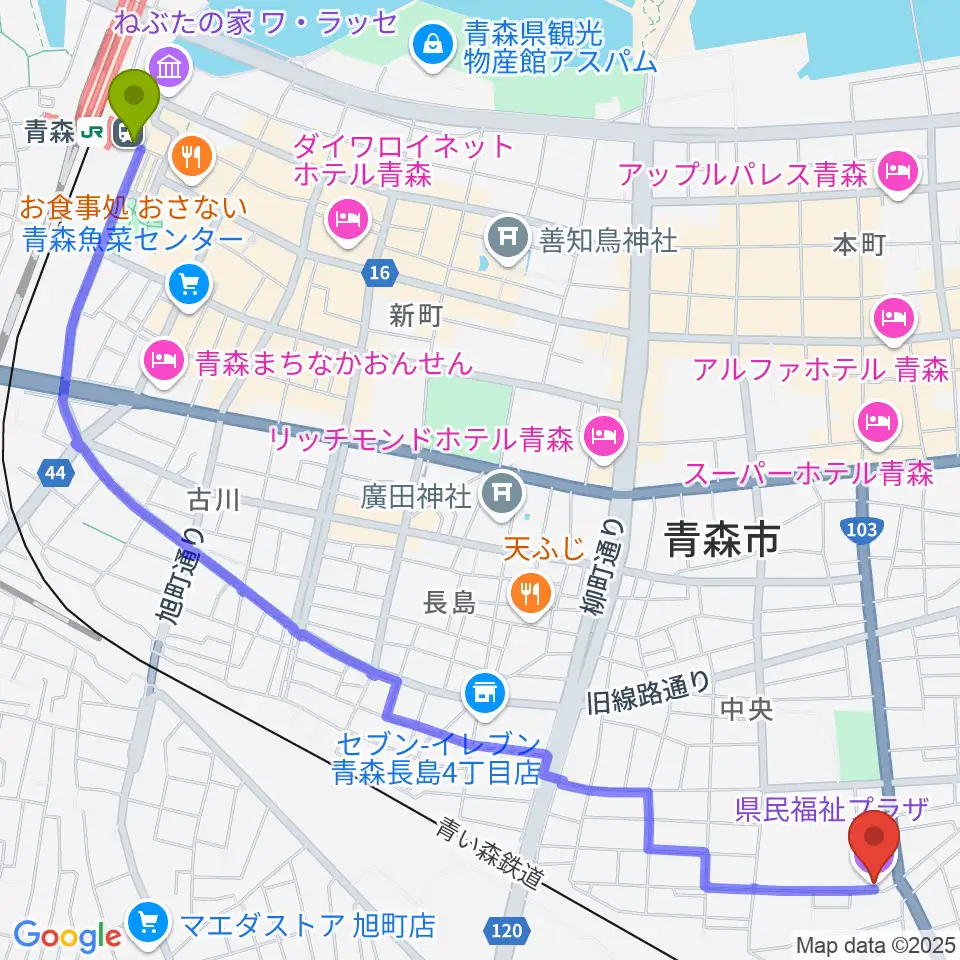 青森県民福祉プラザの最寄駅青森駅からの徒歩ルート（約32分）地図