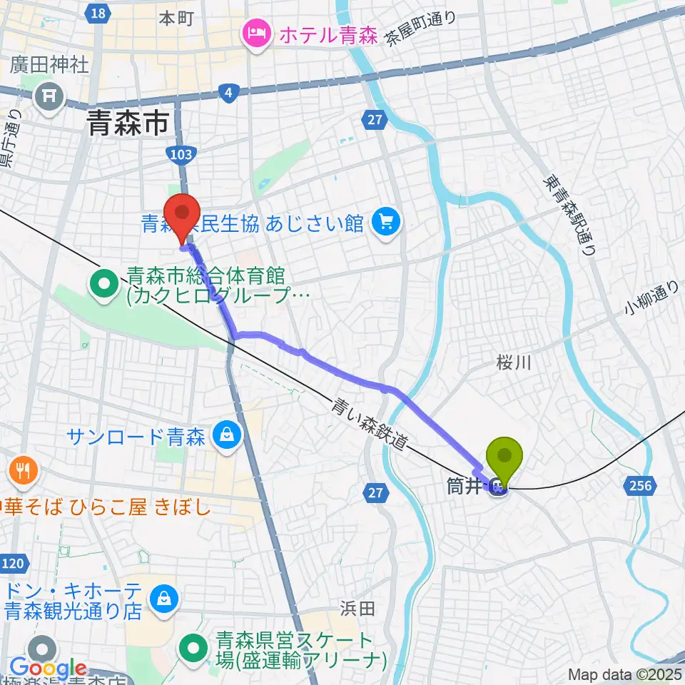 筒井駅から青森県民福祉プラザへのルートマップ地図