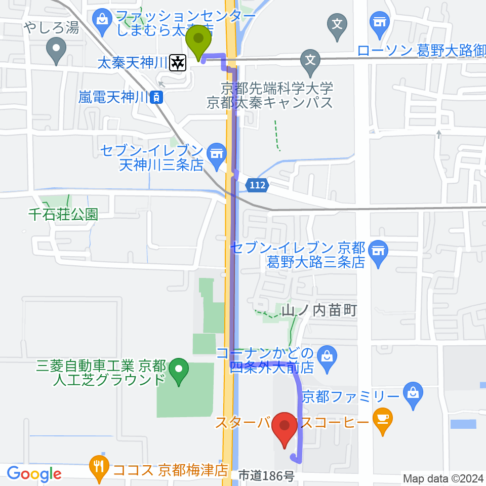 太秦天神川駅から京都外国語大学 森田記念講堂へのルートマップ地図