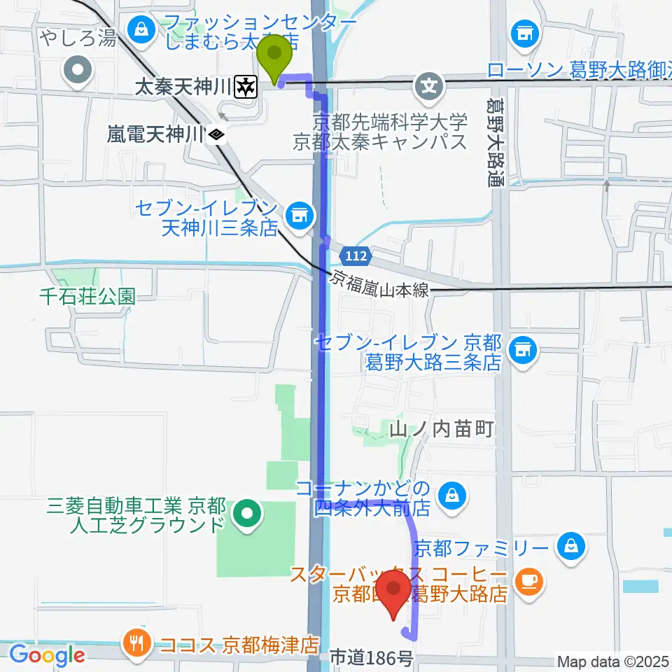 太秦天神川駅から京都外国語大学 森田記念講堂へのルートマップ地図