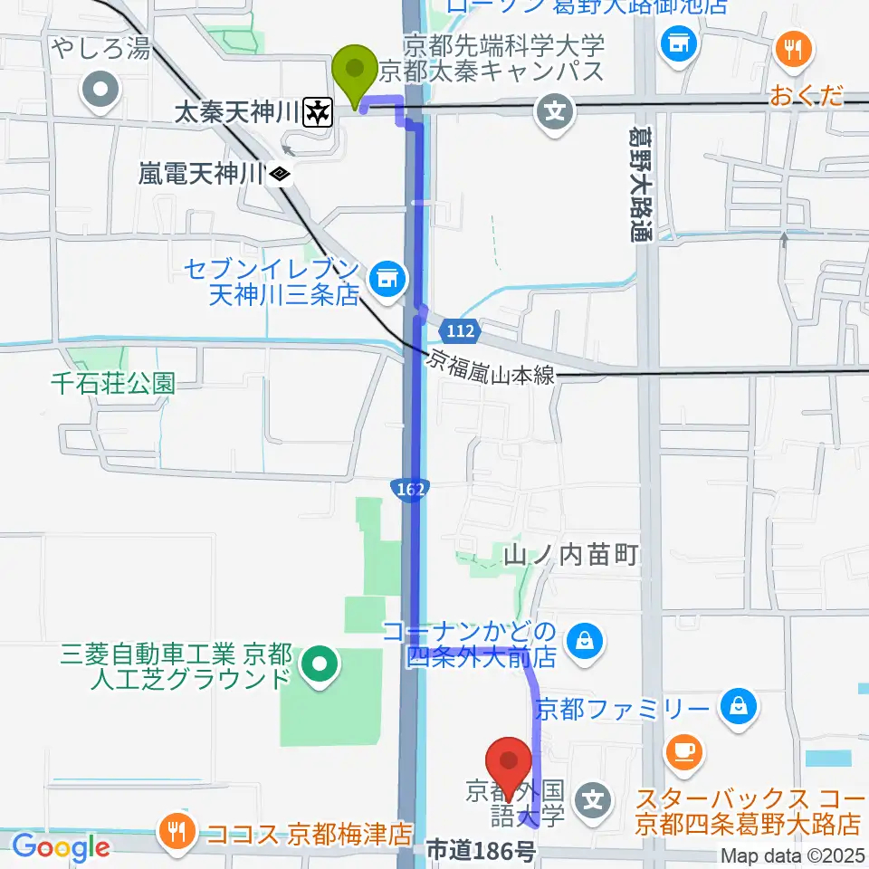 太秦天神川駅から京都外国語大学 森田記念講堂へのルートマップ地図