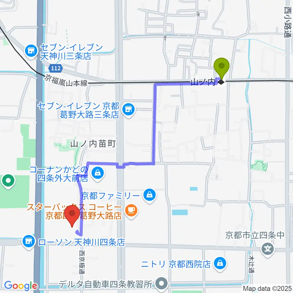 京都外国語大学 森田記念講堂の最寄駅山ノ内駅からの徒歩ルート（約11分）地図