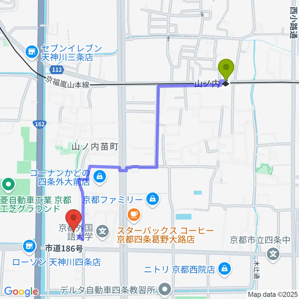 京都外国語大学 森田記念講堂の最寄駅山ノ内駅からの徒歩ルート（約11分）地図