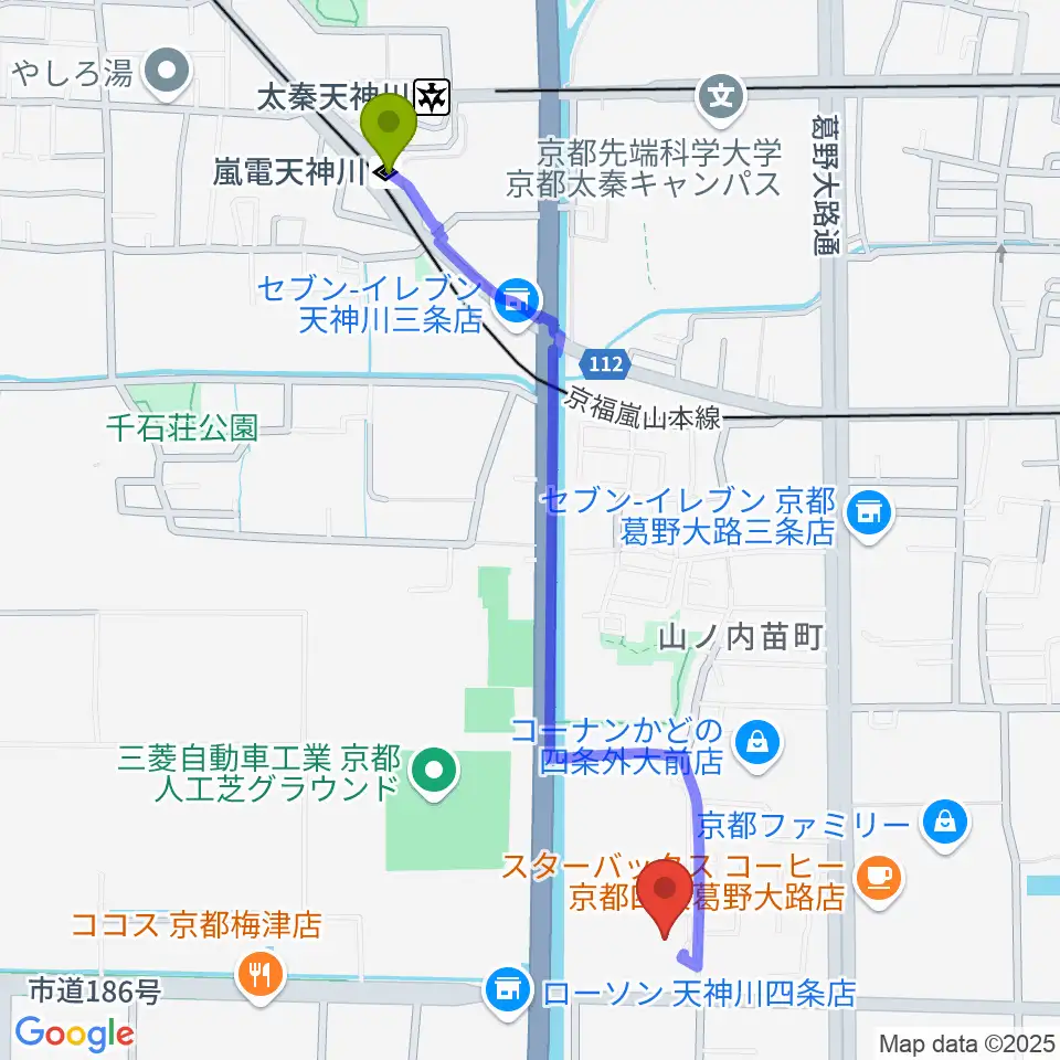 嵐電天神川駅から京都外国語大学 森田記念講堂へのルートマップ地図