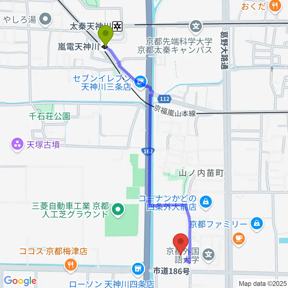 嵐電天神川駅から京都外国語大学 森田記念講堂へのルートマップ地図