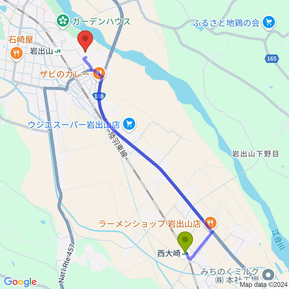 西大崎駅から岩出山文化会館（スコーレハウス）へのルートマップ地図