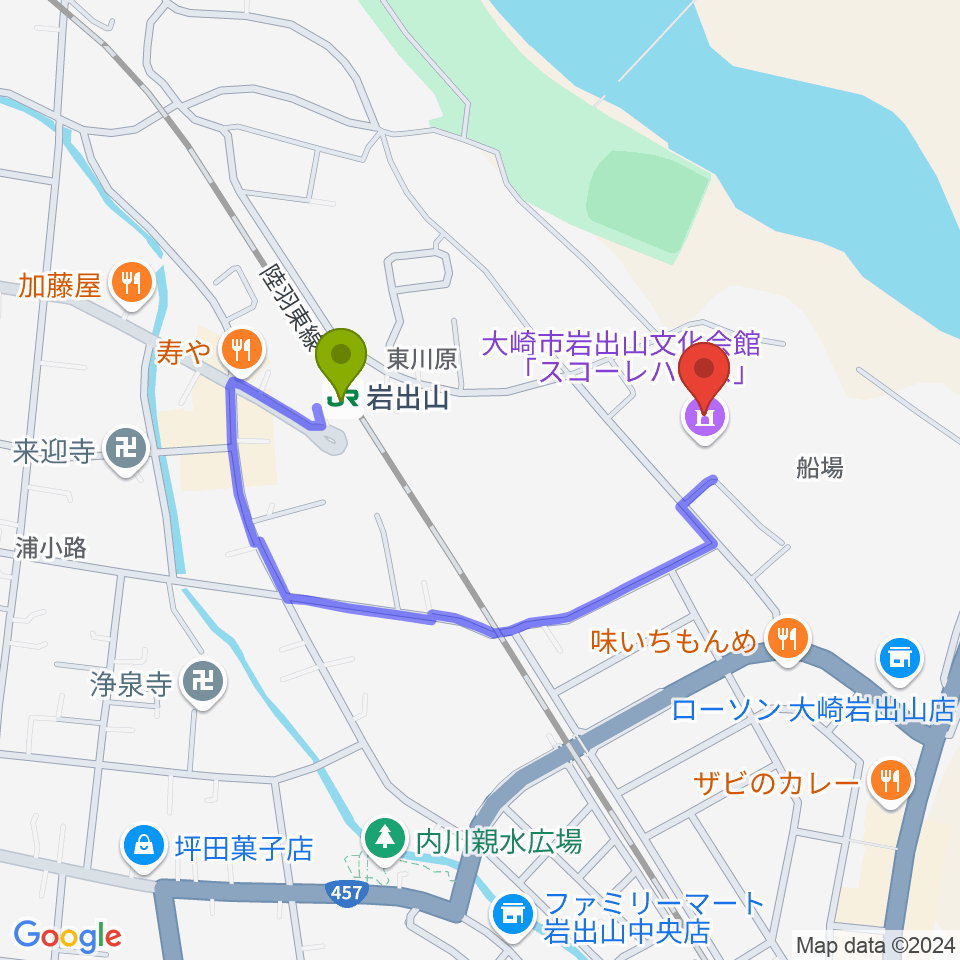 岩出山文化会館（スコーレハウス）の最寄駅岩出山駅からの徒歩ルート（約6分）地図