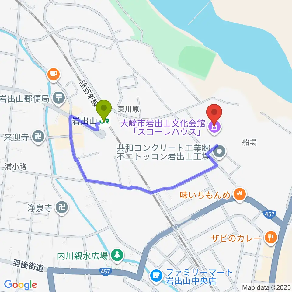 岩出山文化会館（スコーレハウス）の最寄駅岩出山駅からの徒歩ルート（約6分）地図