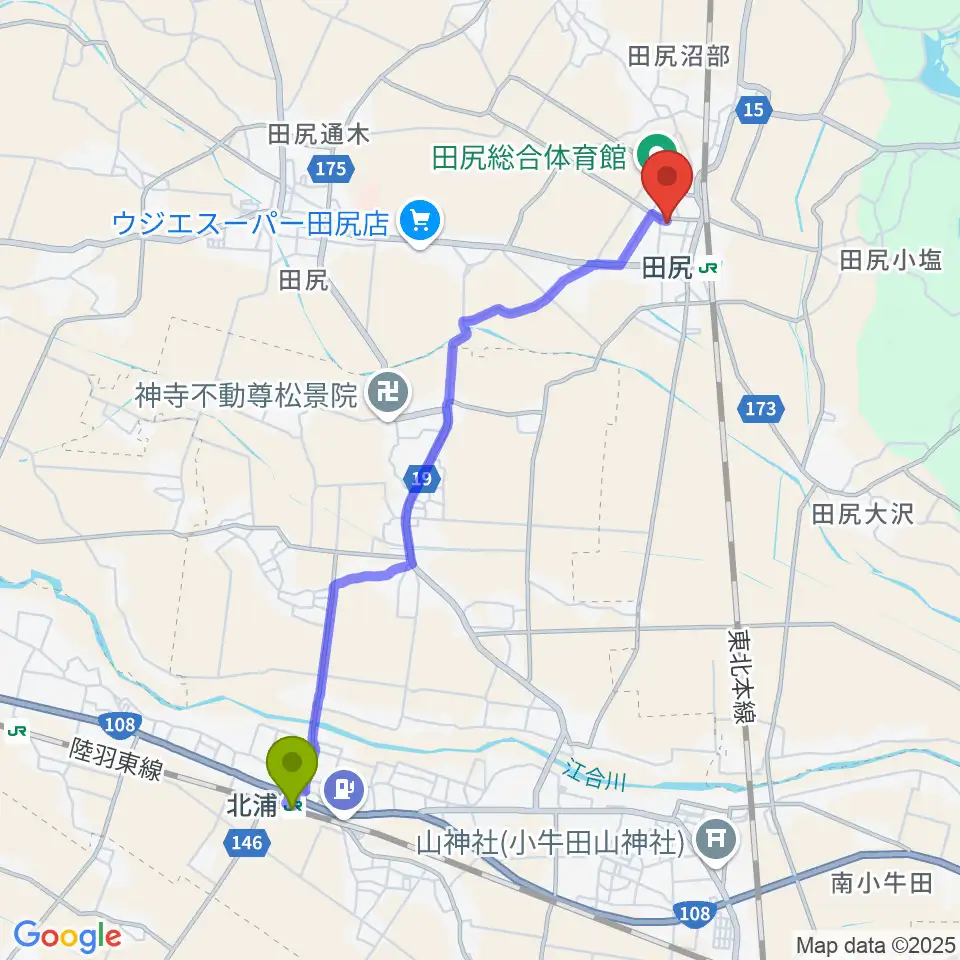 北浦駅から大崎市田尻文化センターへのルートマップ地図