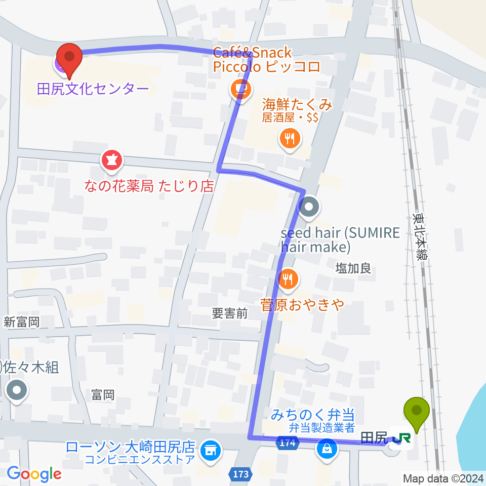 大崎市田尻文化センターの最寄駅田尻駅からの徒歩ルート（約8分）地図