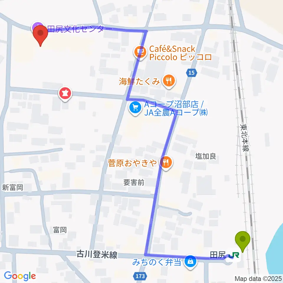 大崎市田尻文化センターの最寄駅田尻駅からの徒歩ルート（約8分）地図