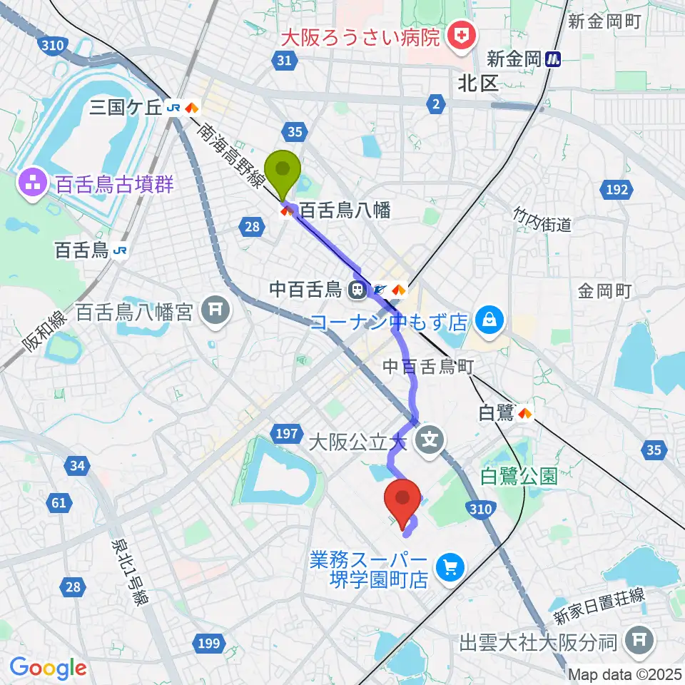 百舌鳥八幡駅からUホール白鷺へのルートマップ地図
