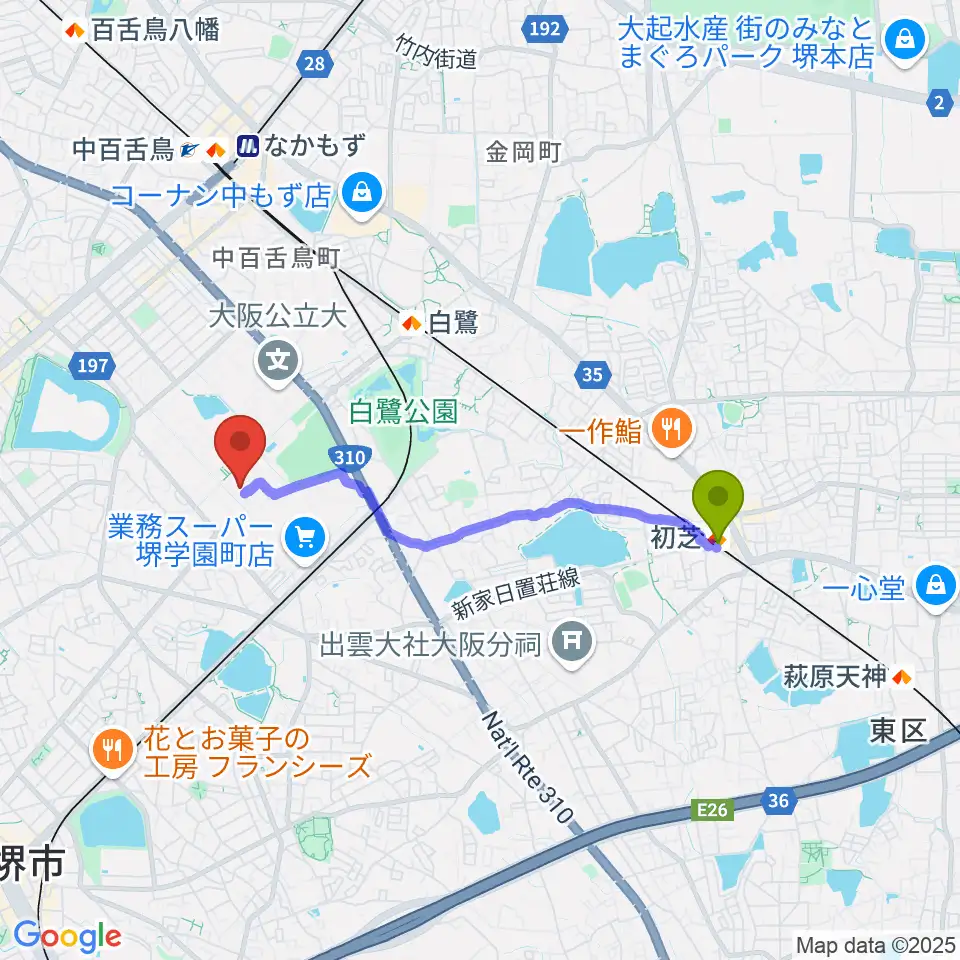 初芝駅からUホール白鷺へのルートマップ地図