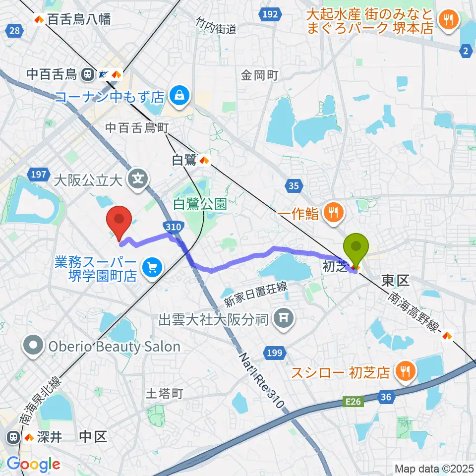 初芝駅からUホール白鷺へのルートマップ地図