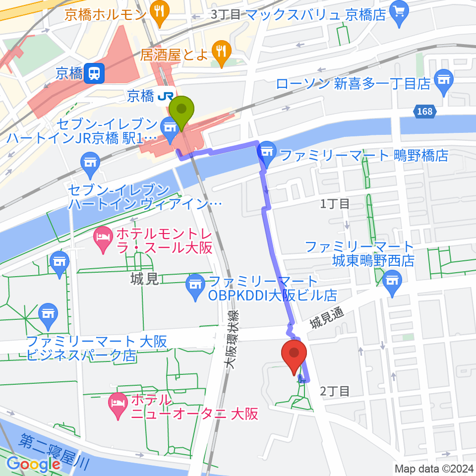 京橋駅からクレオ大阪東へのルートマップ地図