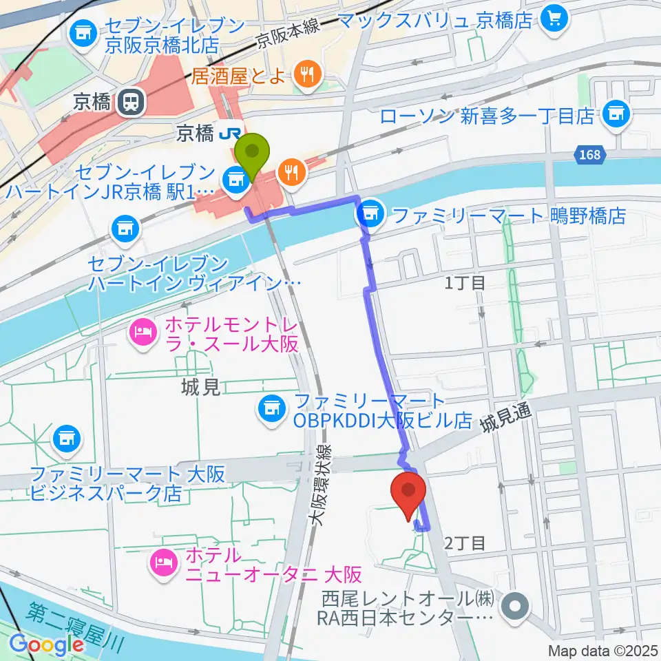 京橋駅からクレオ大阪東へのルートマップ地図