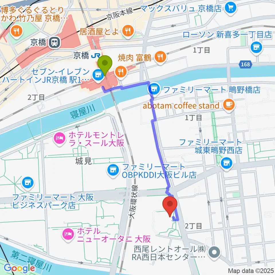 京橋駅からクレオ大阪東へのルートマップ地図