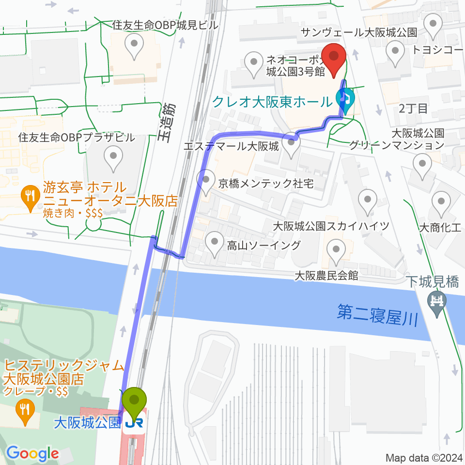 クレオ大阪東の最寄駅大阪城公園駅からの徒歩ルート（約7分）地図