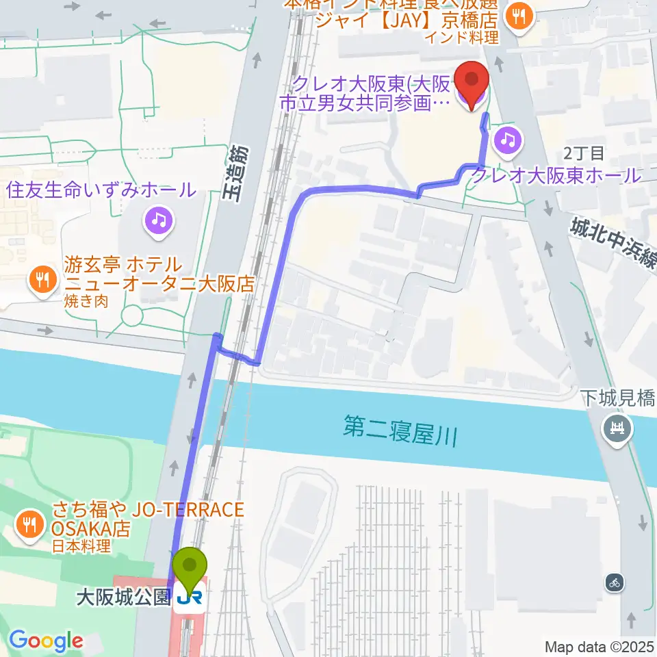 クレオ大阪東の最寄駅大阪城公園駅からの徒歩ルート（約7分）地図