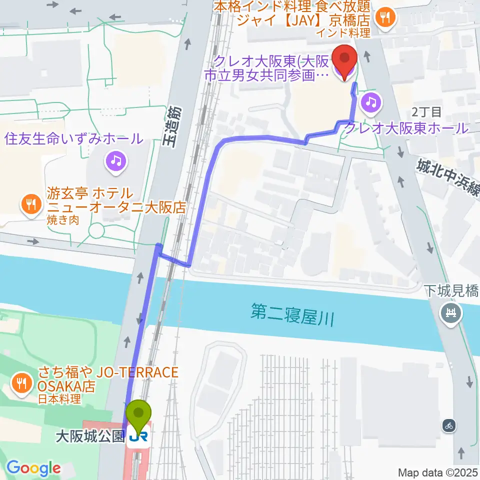 クレオ大阪東の最寄駅大阪城公園駅からの徒歩ルート（約7分）地図
