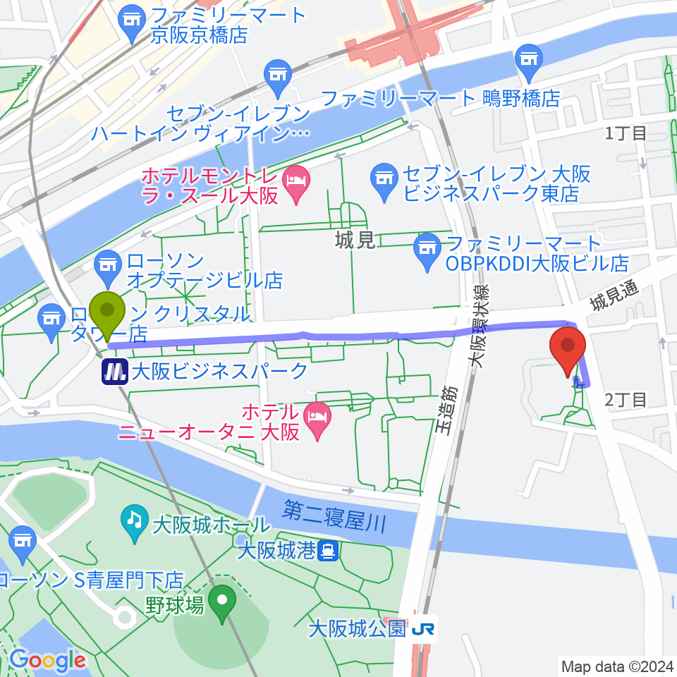 大阪ビジネスパーク駅からクレオ大阪東へのルートマップ地図