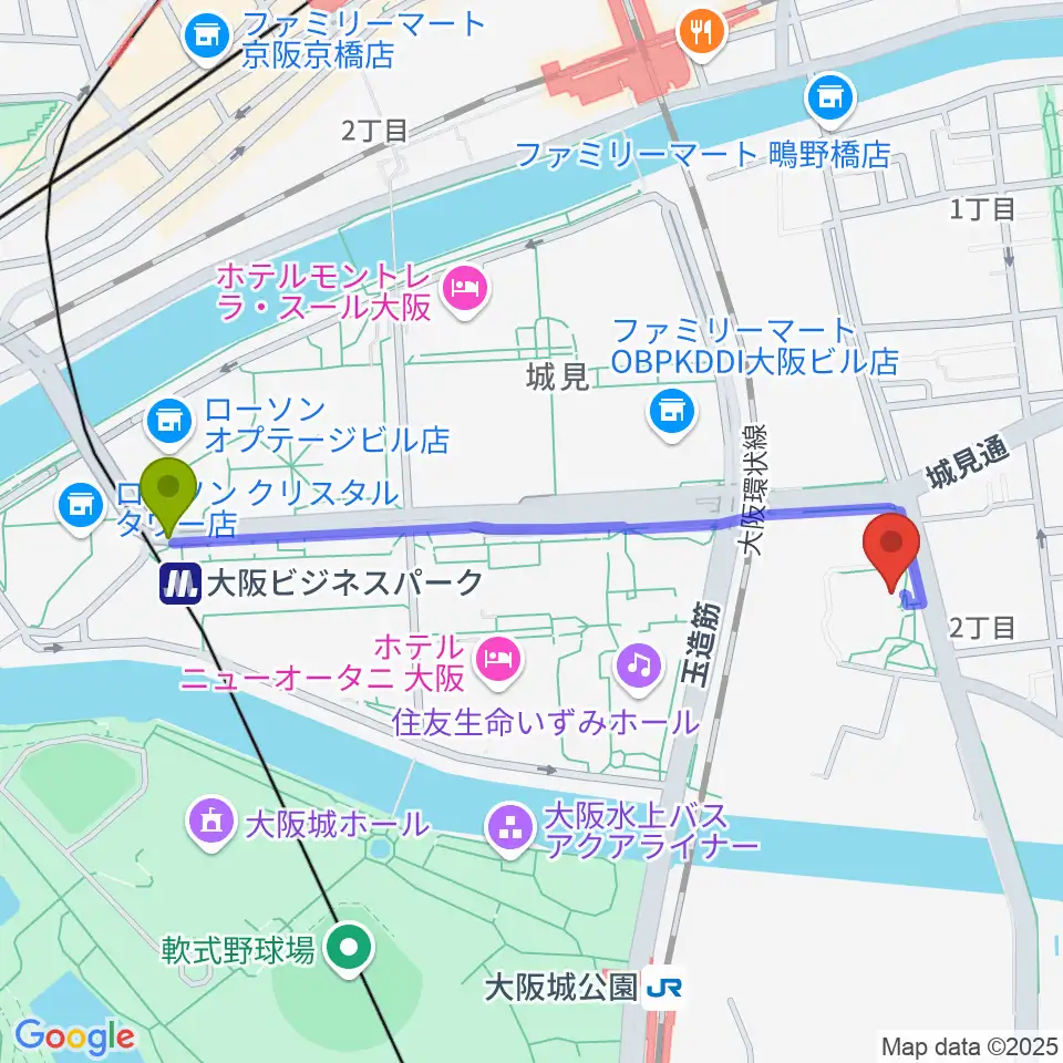 大阪ビジネスパーク駅からクレオ大阪東へのルートマップ地図