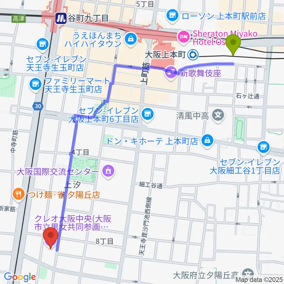 大阪上本町駅からクレオ大阪中央へのルートマップ地図