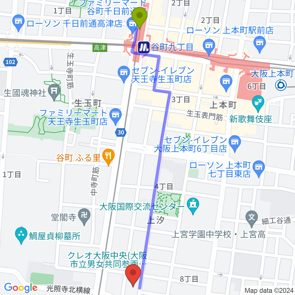 谷町九丁目駅からクレオ大阪中央へのルートマップ地図