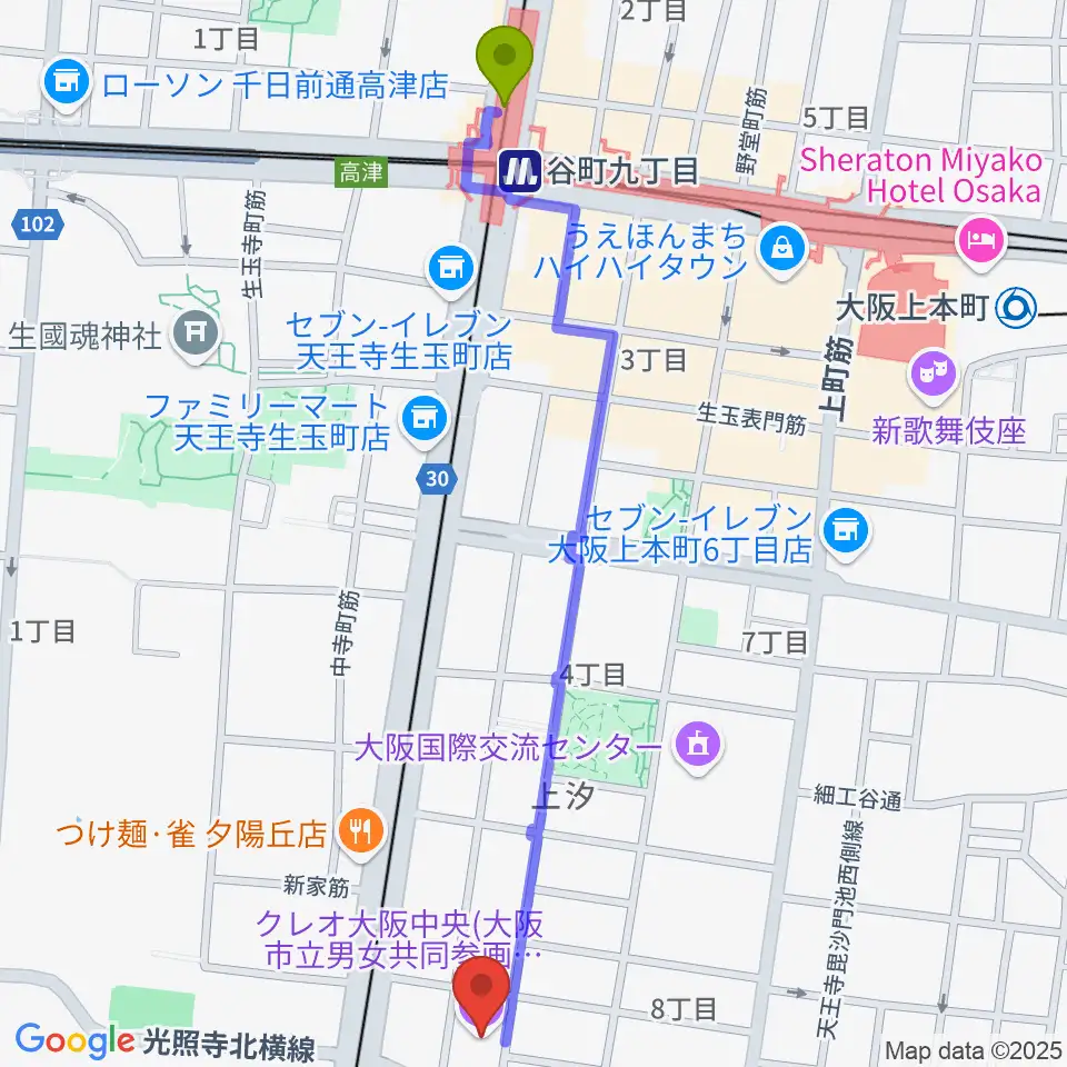 谷町九丁目駅からクレオ大阪中央へのルートマップ地図