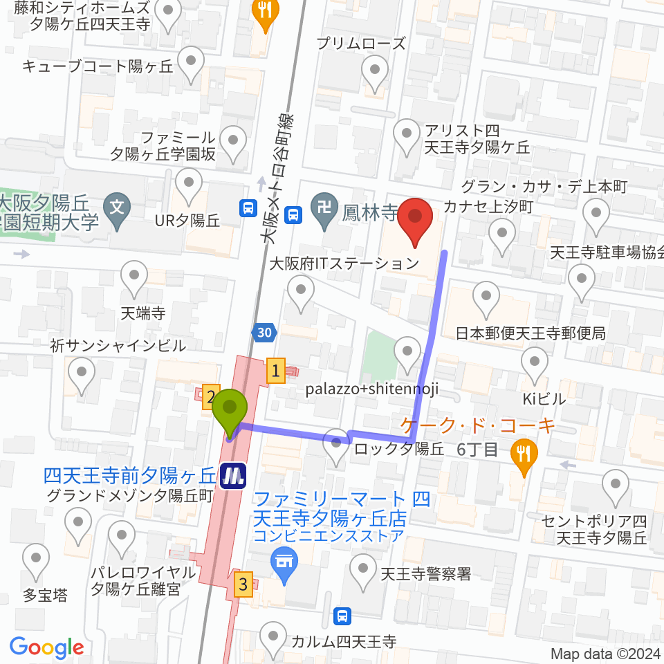 クレオ大阪中央の最寄駅四天王寺前夕陽ヶ丘駅からの徒歩ルート（約3分）地図
