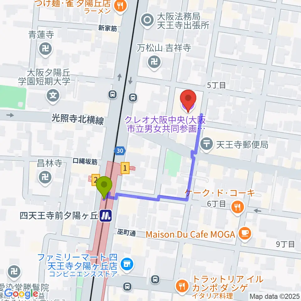 クレオ大阪中央の最寄駅四天王寺前夕陽ヶ丘駅からの徒歩ルート（約3分）地図