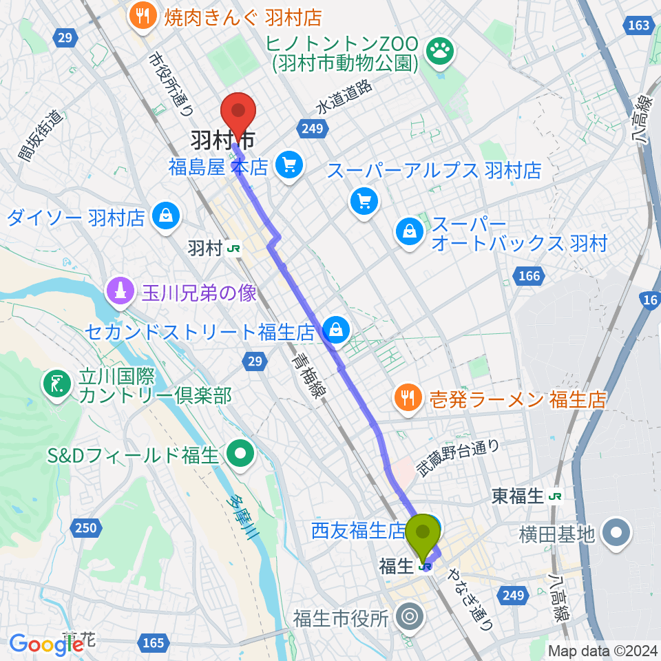 福生駅からプリモホールゆとろぎへのルートマップ地図