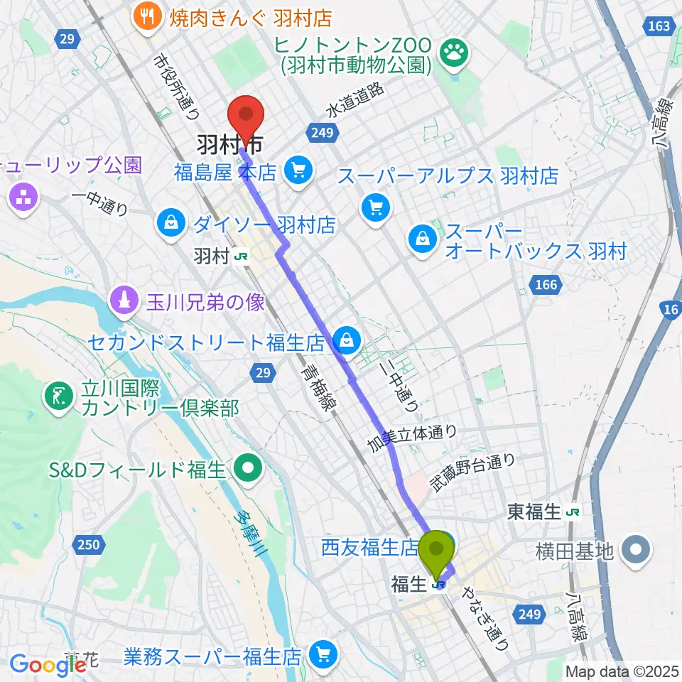 福生駅からプリモホールゆとろぎへのルートマップ地図