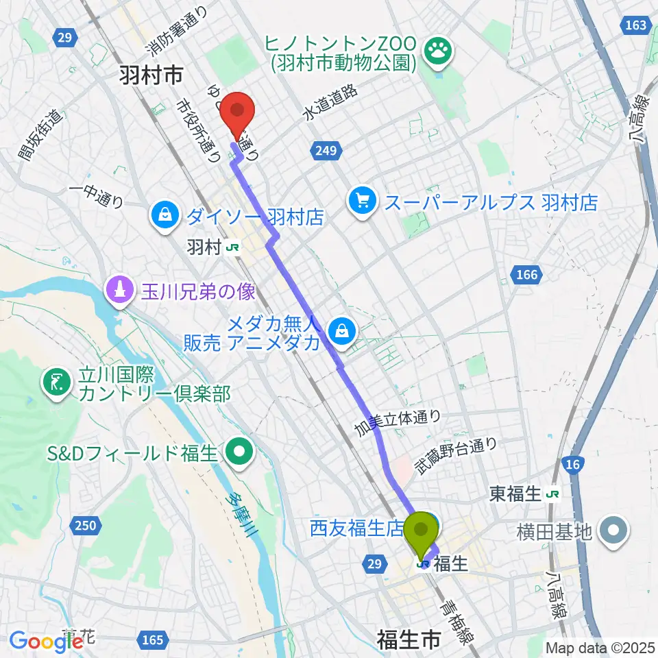 福生駅からプリモホールゆとろぎへのルートマップ地図