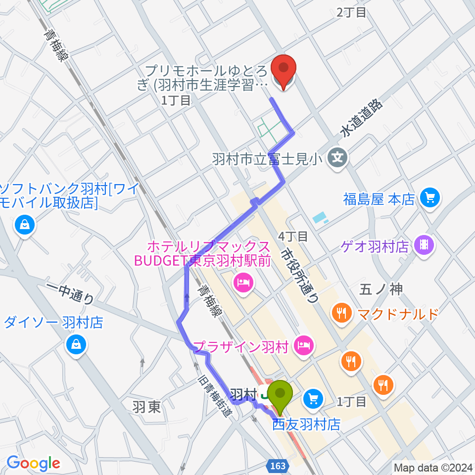 プリモホールゆとろぎの最寄駅羽村駅からの徒歩ルート（約11分）地図