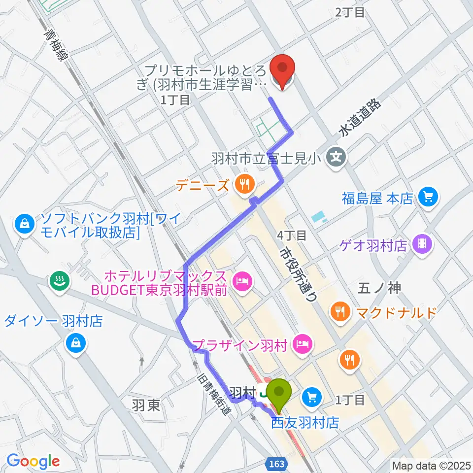 プリモホールゆとろぎの最寄駅羽村駅からの徒歩ルート（約11分）地図