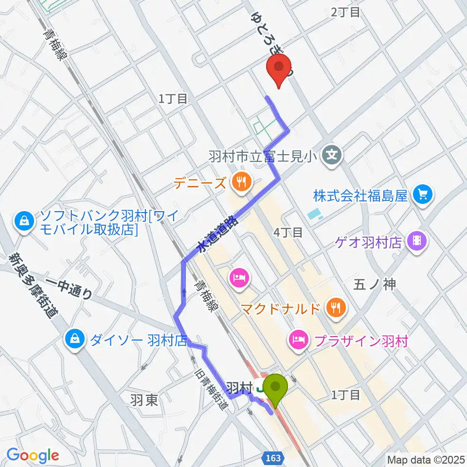 プリモホールゆとろぎの最寄駅羽村駅からの徒歩ルート（約11分）地図