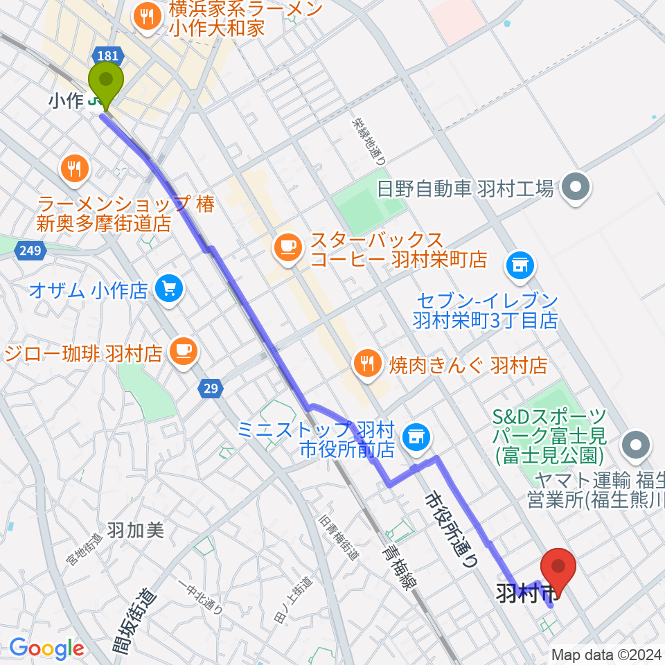 小作駅からプリモホールゆとろぎへのルートマップ地図