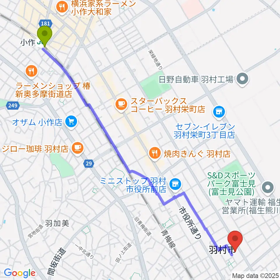 小作駅からプリモホールゆとろぎへのルートマップ地図