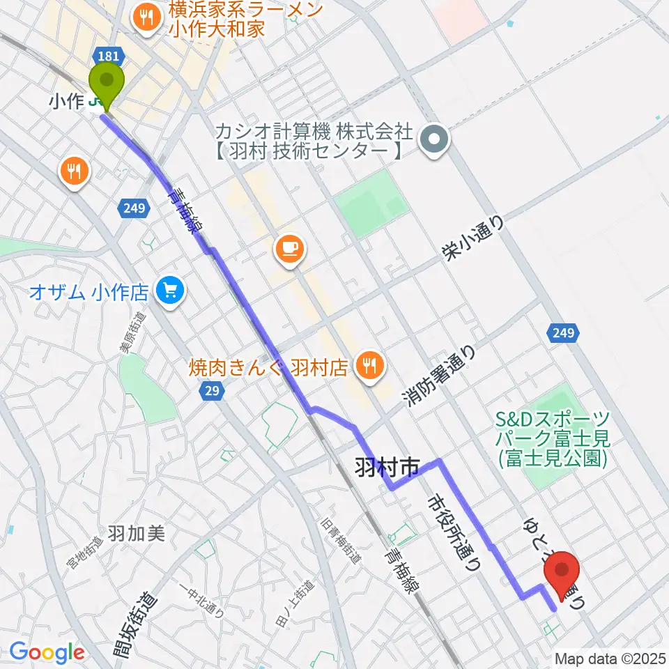 小作駅からプリモホールゆとろぎへのルートマップ地図