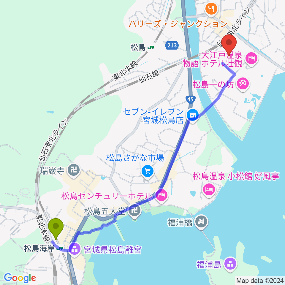 松島海岸駅から松島町文化観光交流館 アトレ・るHallへのルートマップ地図