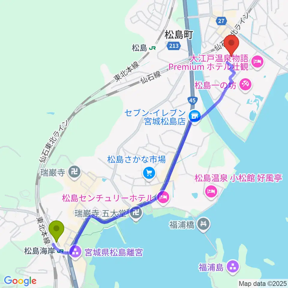 松島海岸駅から松島町文化観光交流館 アトレ・るHallへのルートマップ地図