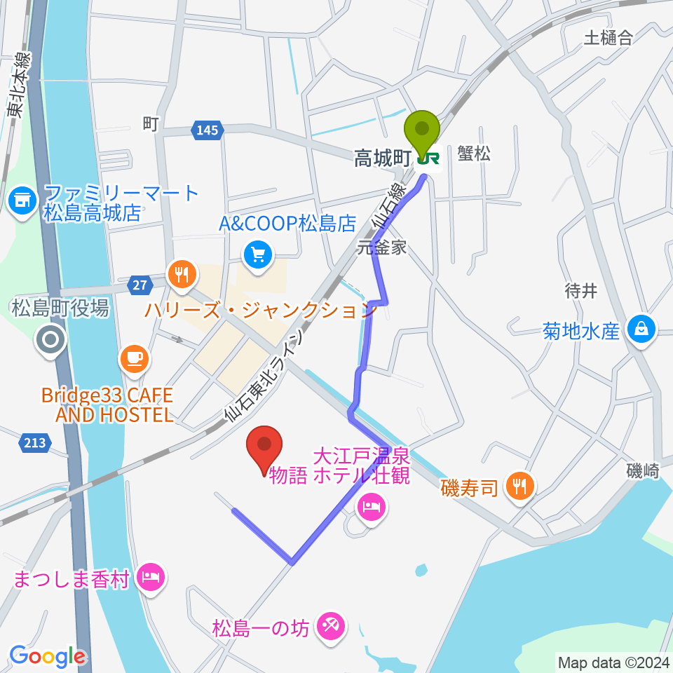 高城町駅から松島町文化観光交流館 アトレ・るHallへのルートマップ地図